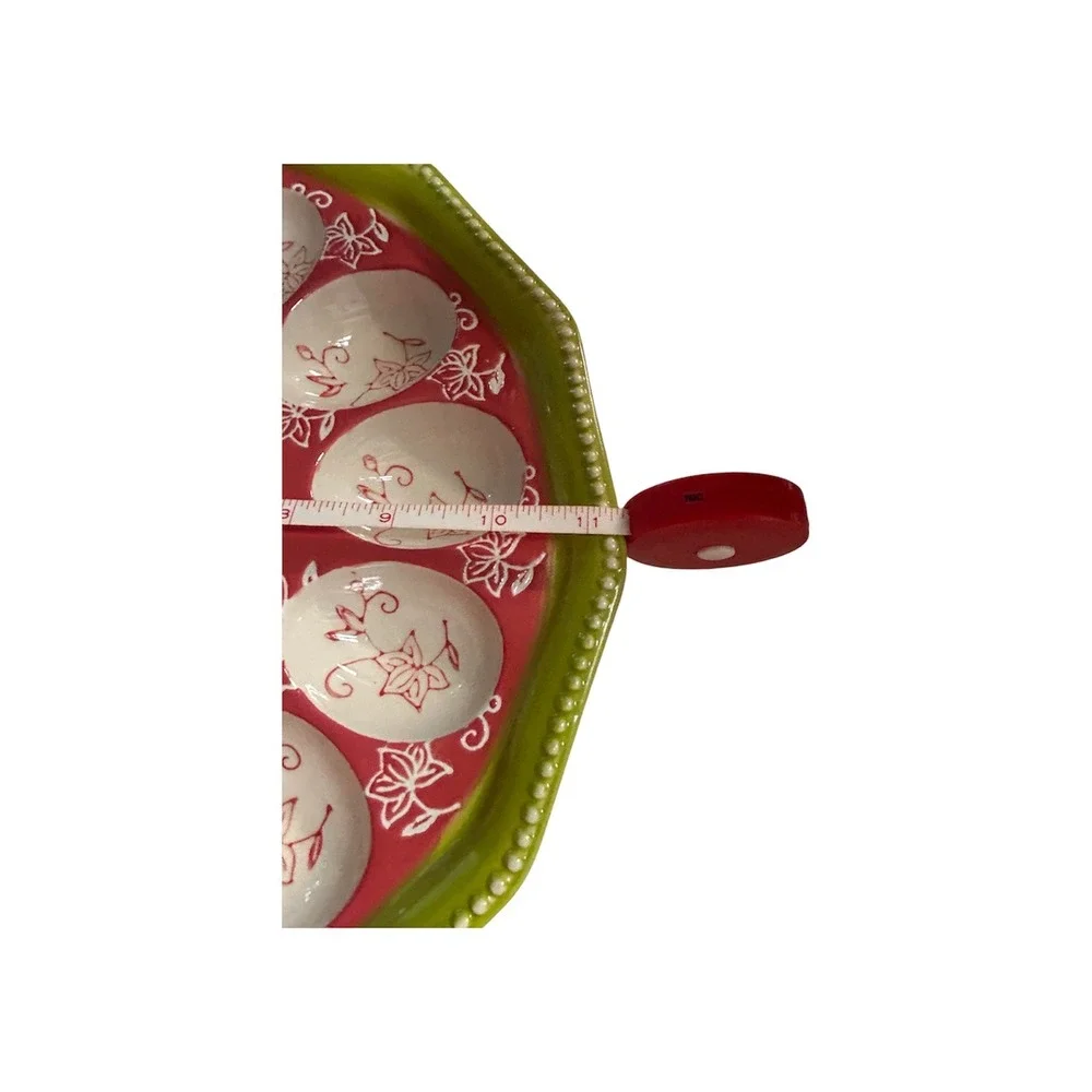 Temp-tations by Tara Deviled Egg Platter Red Lime Green Floral Ceramic 12 Slot